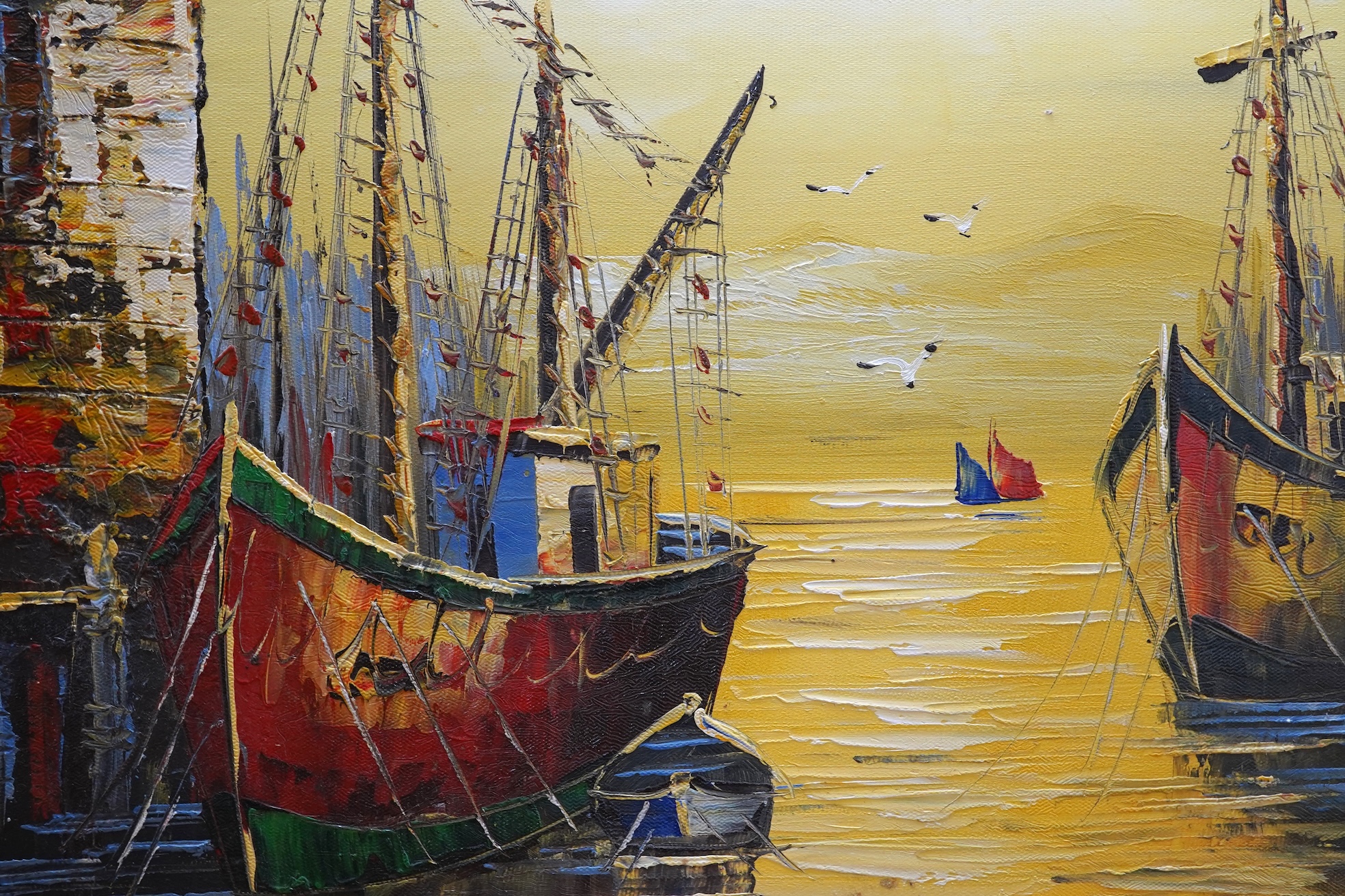 Attributed to Ken Laidlaw (b.1945), Moored boats, impasto oil on canvas, unsigned, oil on canvas, unframed, 50 x 60cm